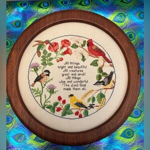 Bird cross stitch. Sweet Prayer Kleplinger. Round framed. 11 1/2” diameter. Mint